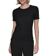 KARL LAGERFELD PARIS Knit Crew Neck Short Sleeve Ribbed Sweater