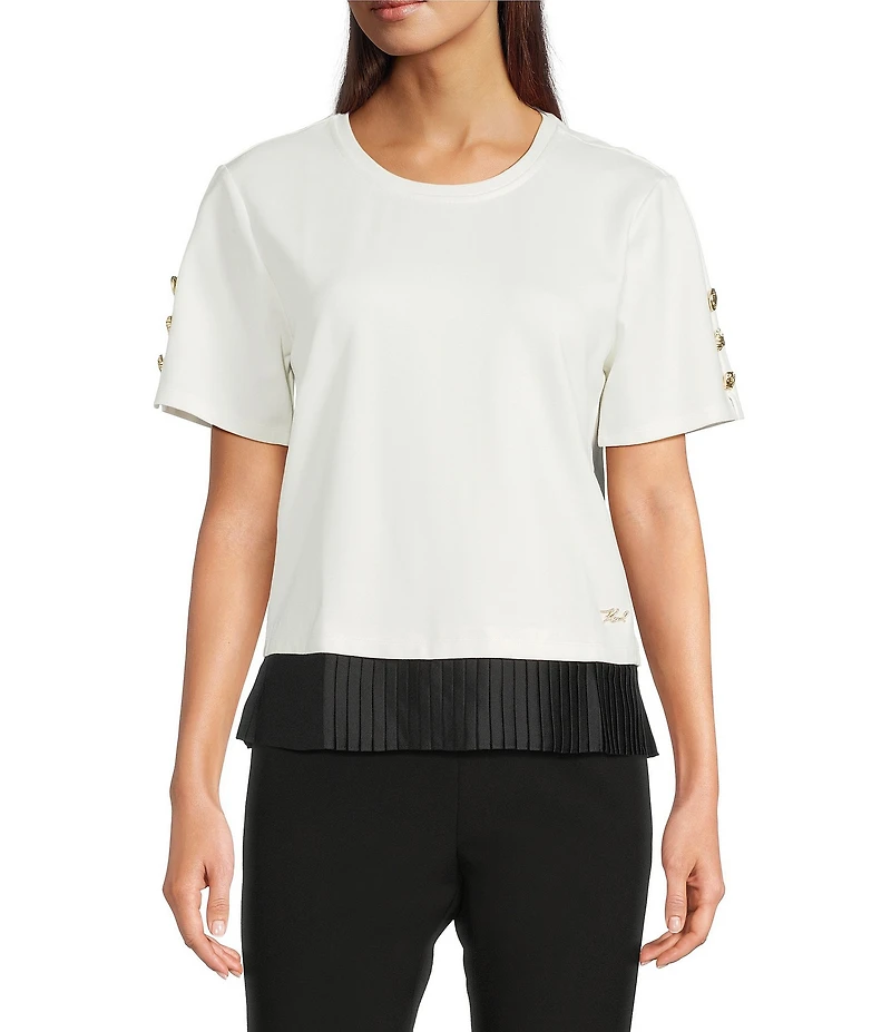 KARL LAGERFELD PARIS Knit Crew Neck Button Short Sleeve Contrast Trim Top