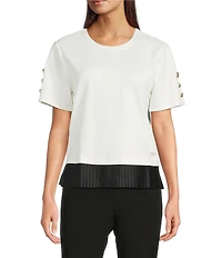 KARL LAGERFELD PARIS Knit Crew Neck Button Short Sleeve Contrast Trim Top