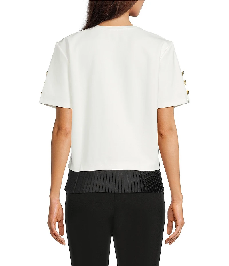 KARL LAGERFELD PARIS Knit Crew Neck Button Short Sleeve Contrast Trim Top
