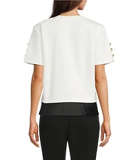 KARL LAGERFELD PARIS Knit Crew Neck Button Short Sleeve Contrast Trim Top