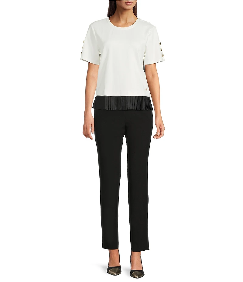KARL LAGERFELD PARIS Knit Crew Neck Button Short Sleeve Contrast Trim Top
