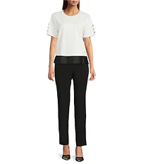 KARL LAGERFELD PARIS Knit Crew Neck Button Short Sleeve Contrast Trim Top