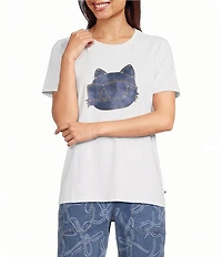 KARL LAGERFELD PARIS Knit Denim Choupette Cat Crew Neck Short Sleeve Tee