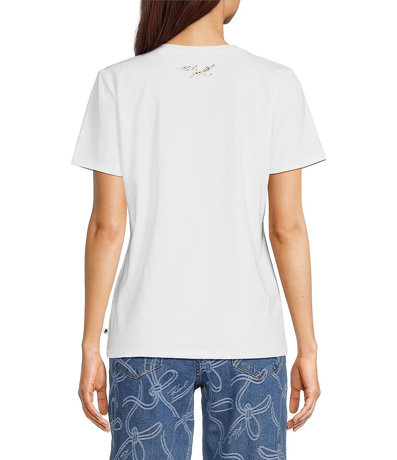 KARL LAGERFELD PARIS Knit Denim Choupette Cat Crew Neck Short Sleeve Tee