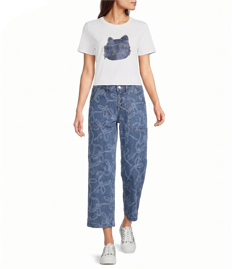 KARL LAGERFELD PARIS Knit Denim Choupette Cat Crew Neck Short Sleeve Tee