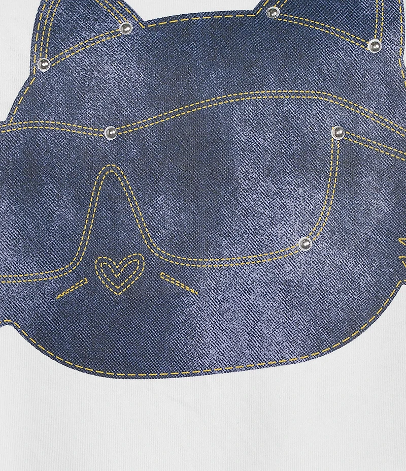 KARL LAGERFELD PARIS Knit Denim Choupette Cat Crew Neck Short Sleeve Tee