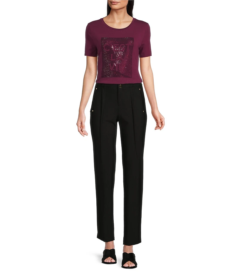 KARL LAGERFELD PARIS Knit Floral Print Crew Neck Short Sleeve Tee Shirt