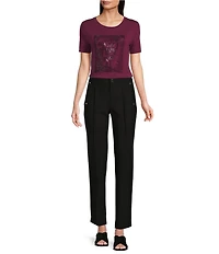 KARL LAGERFELD PARIS Knit Floral Print Crew Neck Short Sleeve Tee Shirt