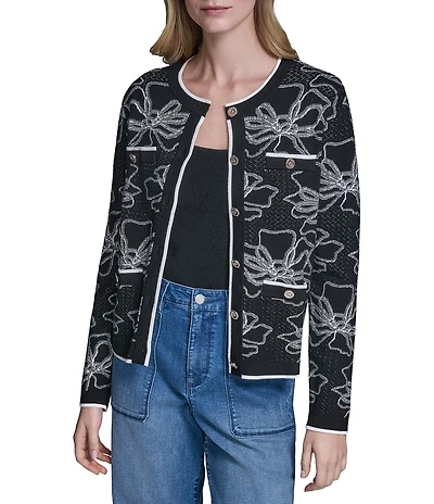 KARL LAGERFELD PARIS Knit Floral Round Neck Long Sleeve Cardigan