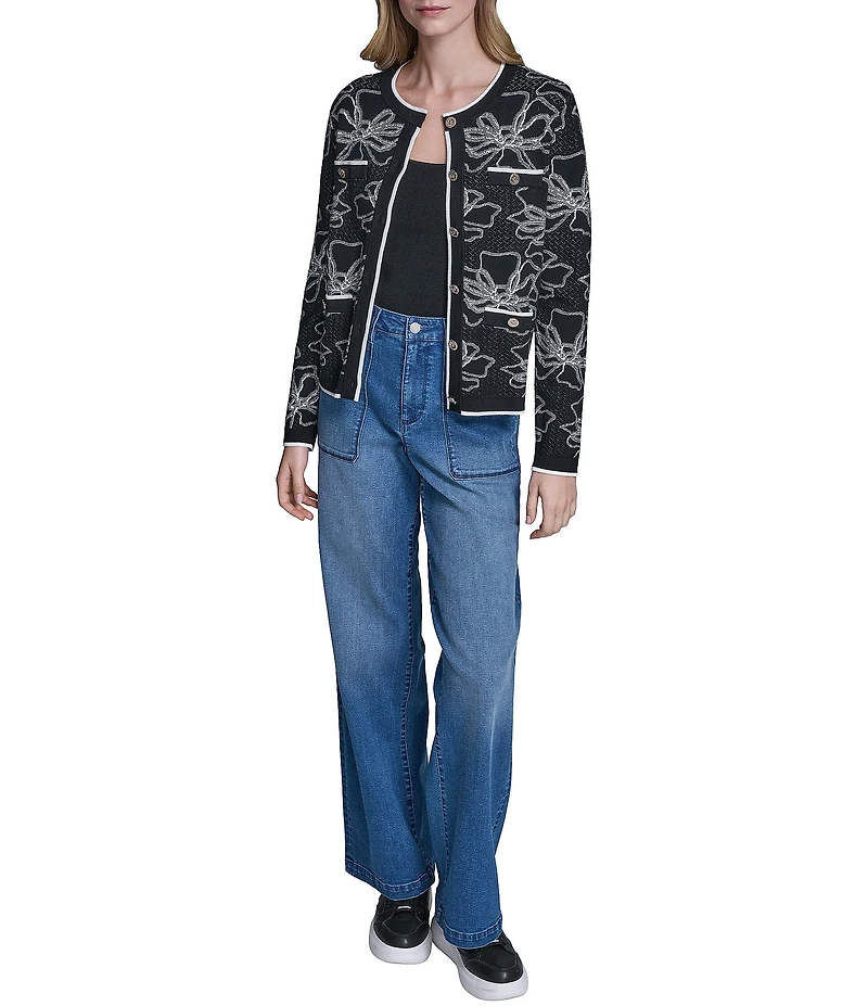 KARL LAGERFELD PARIS Knit Floral Round Neck Long Sleeve Cardigan