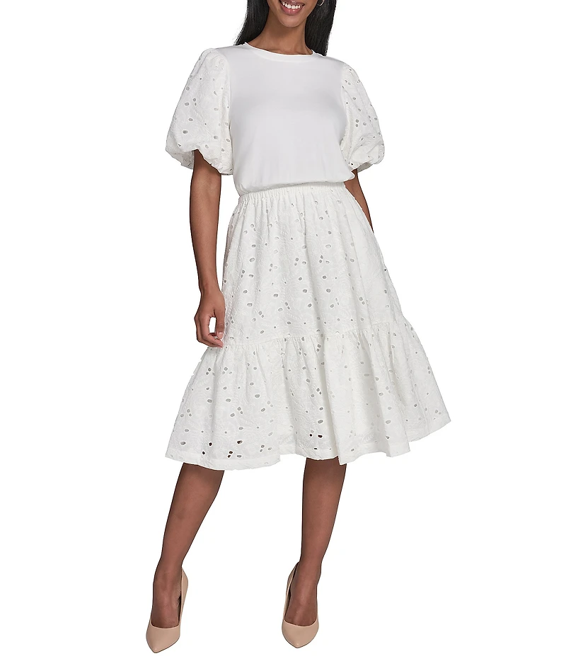 KARL LAGERFELD PARIS Knit Jersey Mixed Media Crew Neck Short Sleeve Dress