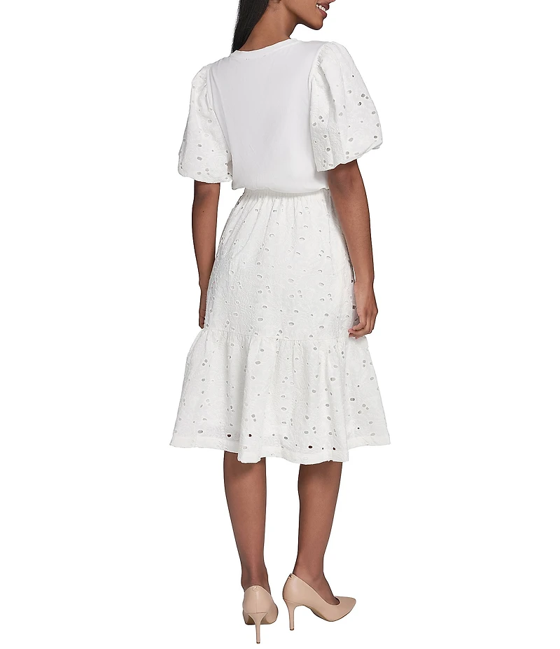 KARL LAGERFELD PARIS Knit Jersey Mixed Media Crew Neck Short Sleeve Dress