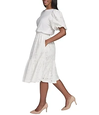 KARL LAGERFELD PARIS Knit Jersey Mixed Media Crew Neck Short Sleeve Dress