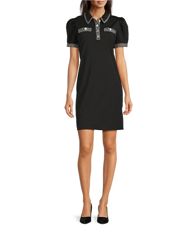 KARL LAGERFELD PARIS Knit Jersey Point Collar Short Sleeve Tweed Trim A-Line Dress