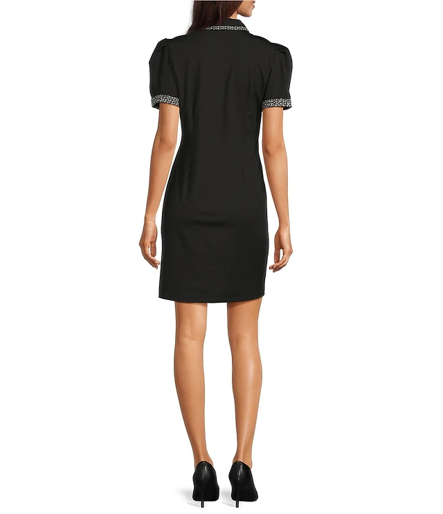 short sleeve collar a line dress Short Sleeve Seamed Puritan Collar Dress | Noir NAVY | L