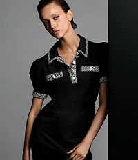 KARL LAGERFELD PARIS Knit Jersey Point Collar Short Sleeve Tweed Trim A-Line Dress