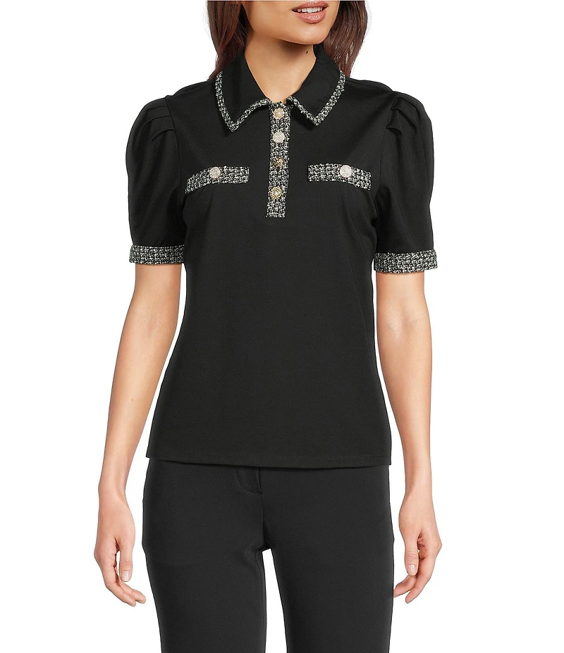 KARL LAGERFELD PARIS Knit Jersey Point Collar Short Sleeve Tweed Trim Top