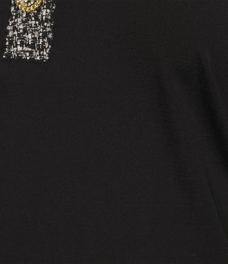 KARL LAGERFELD PARIS Knit Jersey Point Collar Short Sleeve Tweed Trim Top