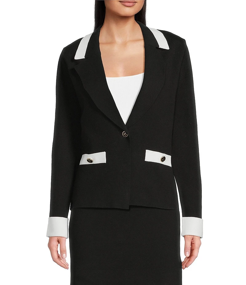 KARL LAGERFELD PARIS Knit Lapel Collar Long Sleeve Contrast Trim Jacket