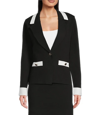 KARL LAGERFELD PARIS Knit Lapel Collar Long Sleeve Contrast Trim Jacket