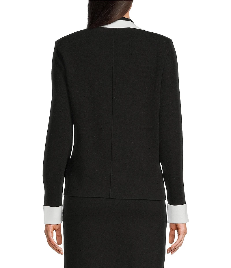 KARL LAGERFELD PARIS Knit Lapel Collar Long Sleeve Contrast Trim Jacket