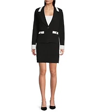 KARL LAGERFELD PARIS Knit Lapel Collar Long Sleeve Contrast Trim Jacket