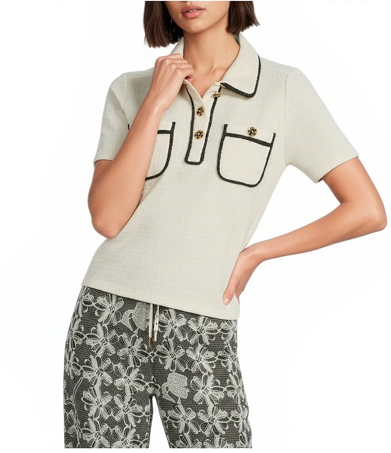 KARL LAGERFELD PARIS Knit Lurex Tweed Point Collar Short Sleeve Top