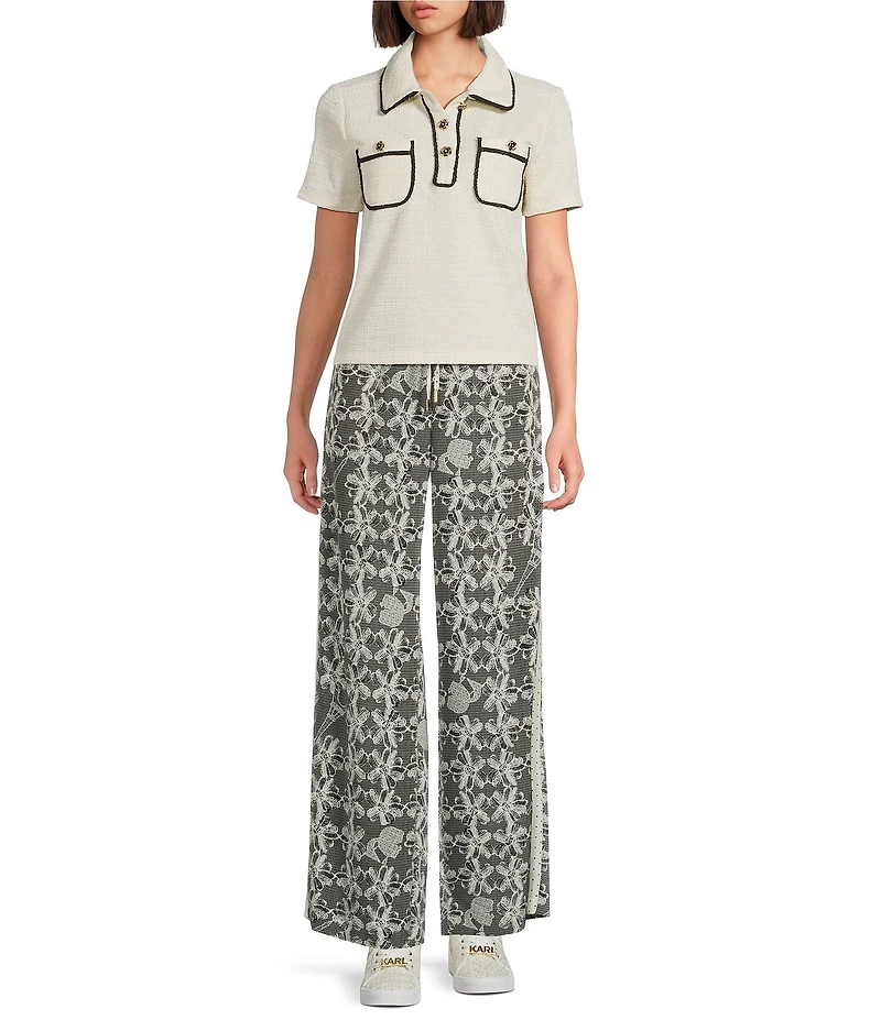 KARL LAGERFELD PARIS Knit Lurex Tweed Point Collar Short Sleeve Top