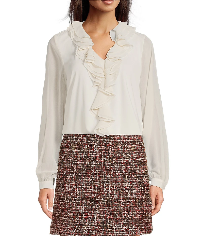 KARL LAGERFELD PARIS Knit Mix Media V-Neck Long Sleeve Ruffle Front Top