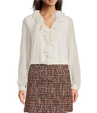 KARL LAGERFELD PARIS Knit Mix Media V-Neck Long Sleeve Ruffle Front Top