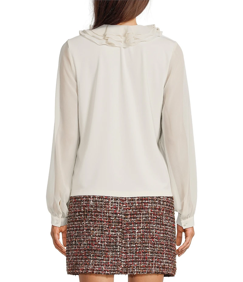 KARL LAGERFELD PARIS Knit Mix Media V-Neck Long Sleeve Ruffle Front Top