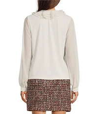 KARL LAGERFELD PARIS Knit Mix Media V-Neck Long Sleeve Ruffle Front Top