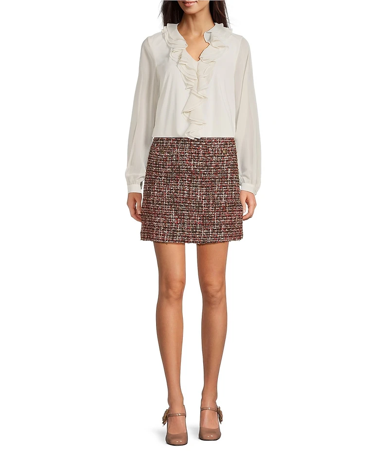 KARL LAGERFELD PARIS Knit Mix Media V-Neck Long Sleeve Ruffle Front Top