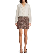 KARL LAGERFELD PARIS Knit Mix Media V-Neck Long Sleeve Ruffle Front Top