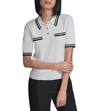 KARL LAGERFELD PARIS Knit Point Collar Short Sleeve Polo Top