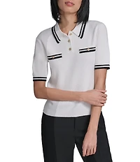 KARL LAGERFELD PARIS Knit Point Collar Short Sleeve Polo Top