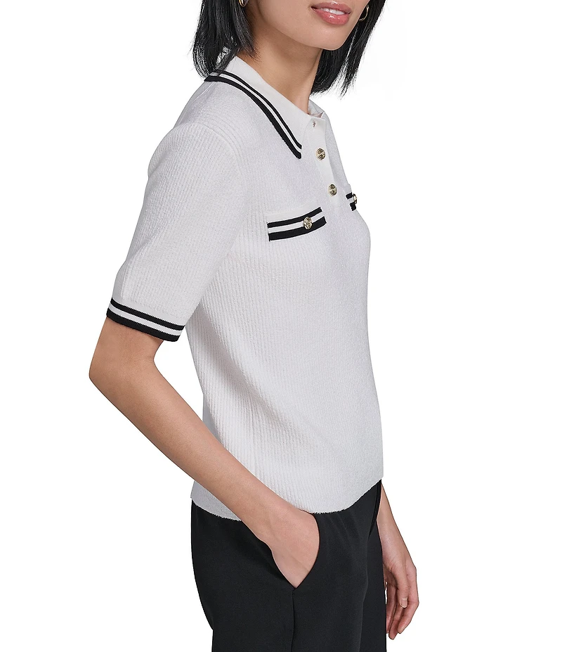 KARL LAGERFELD PARIS Knit Point Collar Short Sleeve Polo Top