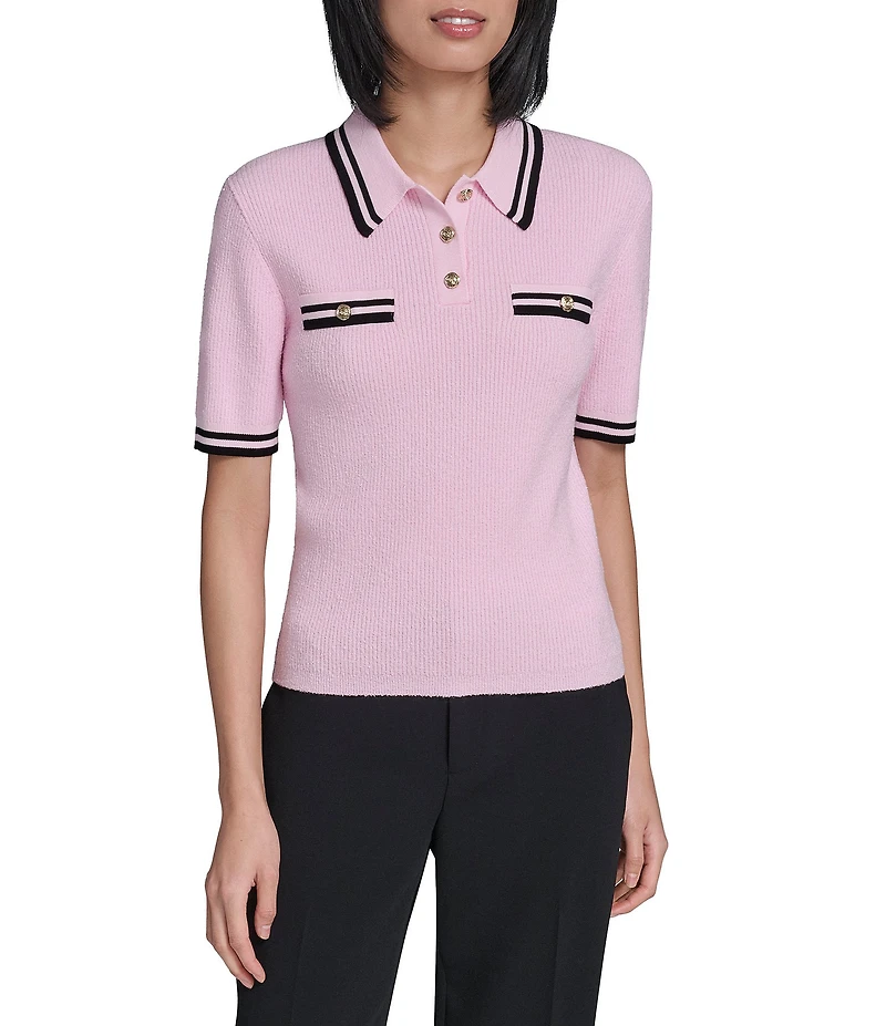 KARL LAGERFELD PARIS Knit Point Collar Short Sleeve Polo Top