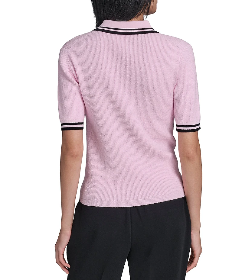 KARL LAGERFELD PARIS Knit Point Collar Short Sleeve Polo Top