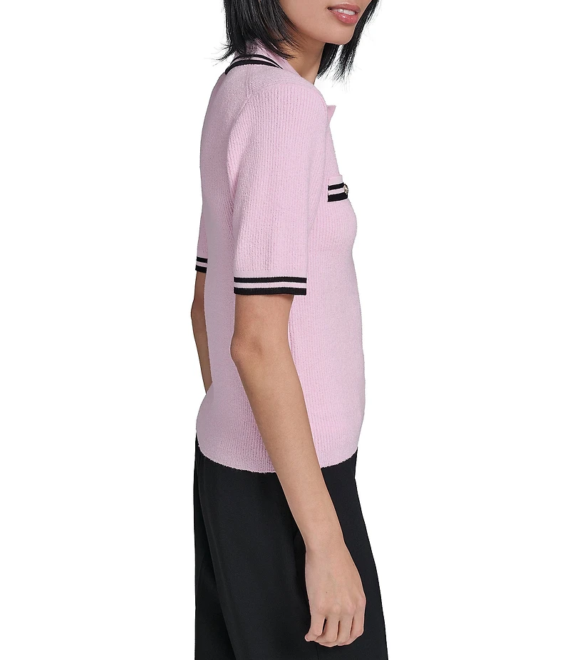 KARL LAGERFELD PARIS Knit Point Collar Short Sleeve Polo Top