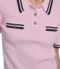 KARL LAGERFELD PARIS Knit Point Collar Short Sleeve Polo Top