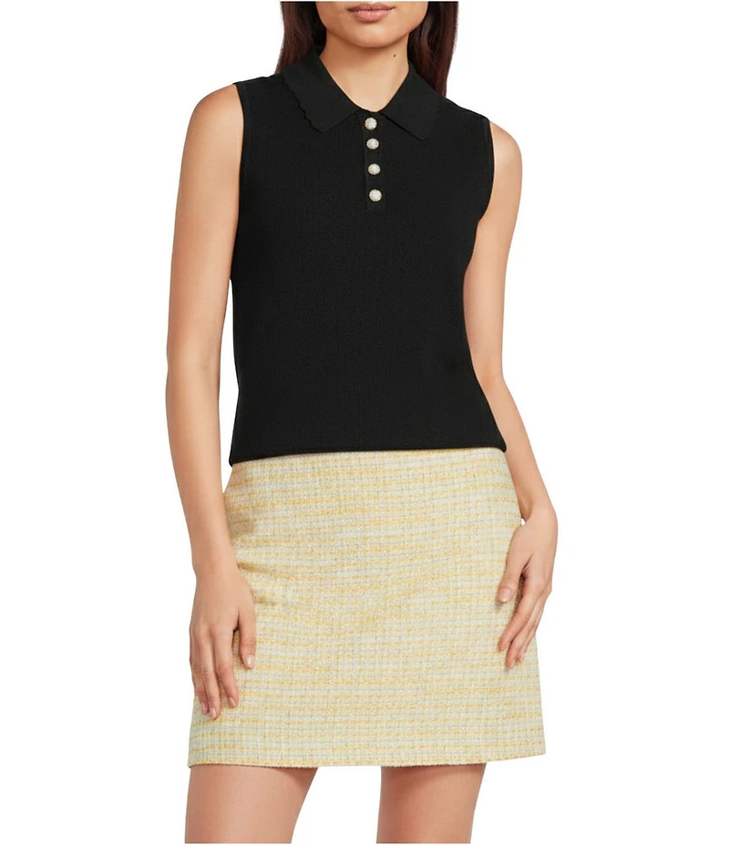KARL LAGERFELD PARIS Knit Point Collar Sleeveless Scallop Trim Top