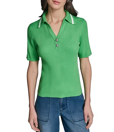 KARL LAGERFELD PARIS Knit Polo Collar Short Sleeve Top