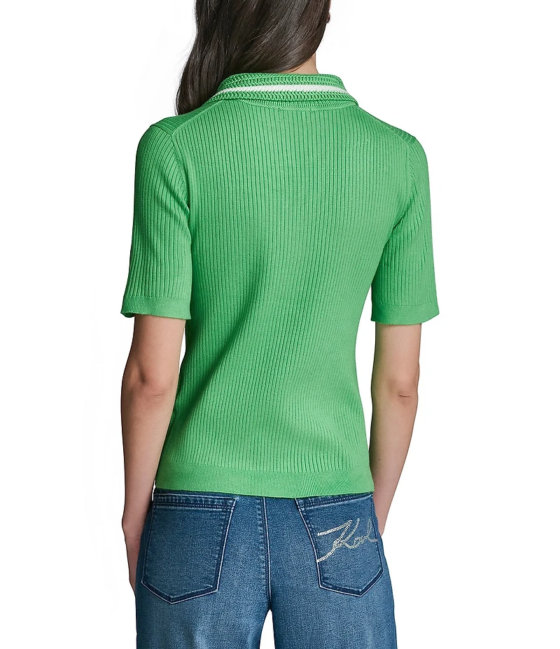 KARL LAGERFELD PARIS Knit Polo Collar Short Sleeve Top