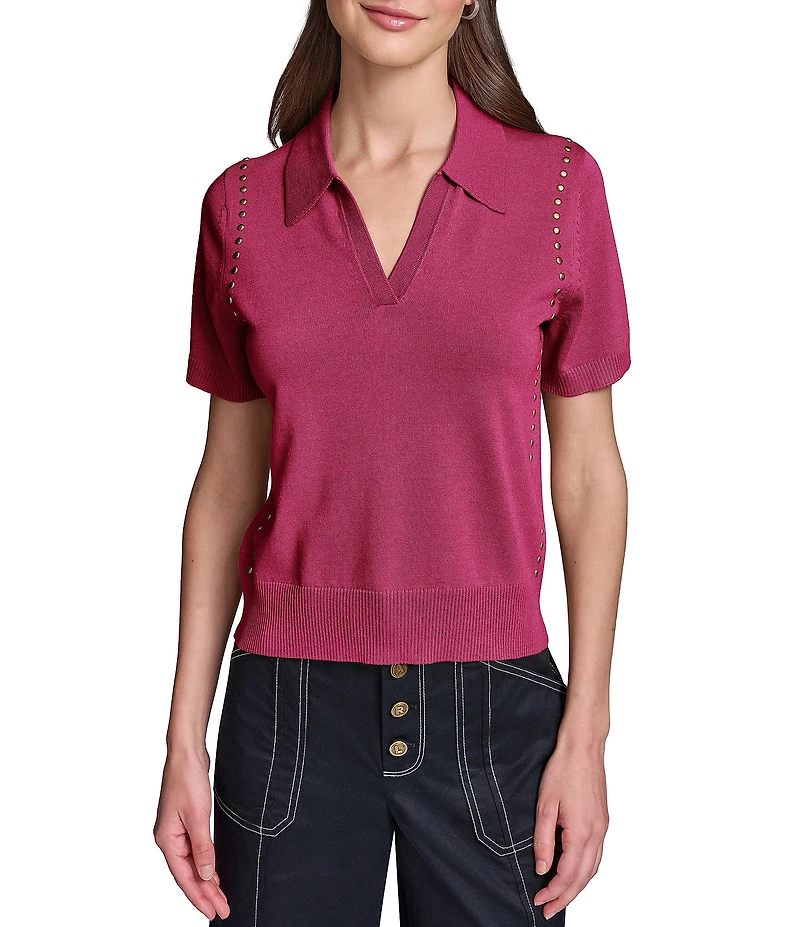 KARL LAGERFELD PARIS Knit Polo Collar Short Sleeves Side Studded Shirt