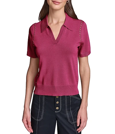 KARL LAGERFELD PARIS Knit Polo Collar Short Sleeves Side Studded Shirt