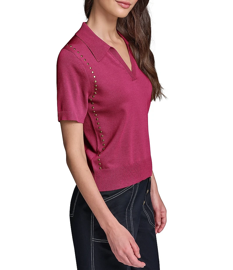 KARL LAGERFELD PARIS Knit Polo Collar Short Sleeves Side Studded Shirt