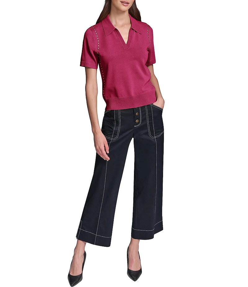 KARL LAGERFELD PARIS Knit Polo Collar Short Sleeves Side Studded Shirt