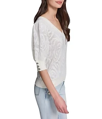 KARL LAGERFELD PARIS Knit Print V-Neck Short Sleeve Top